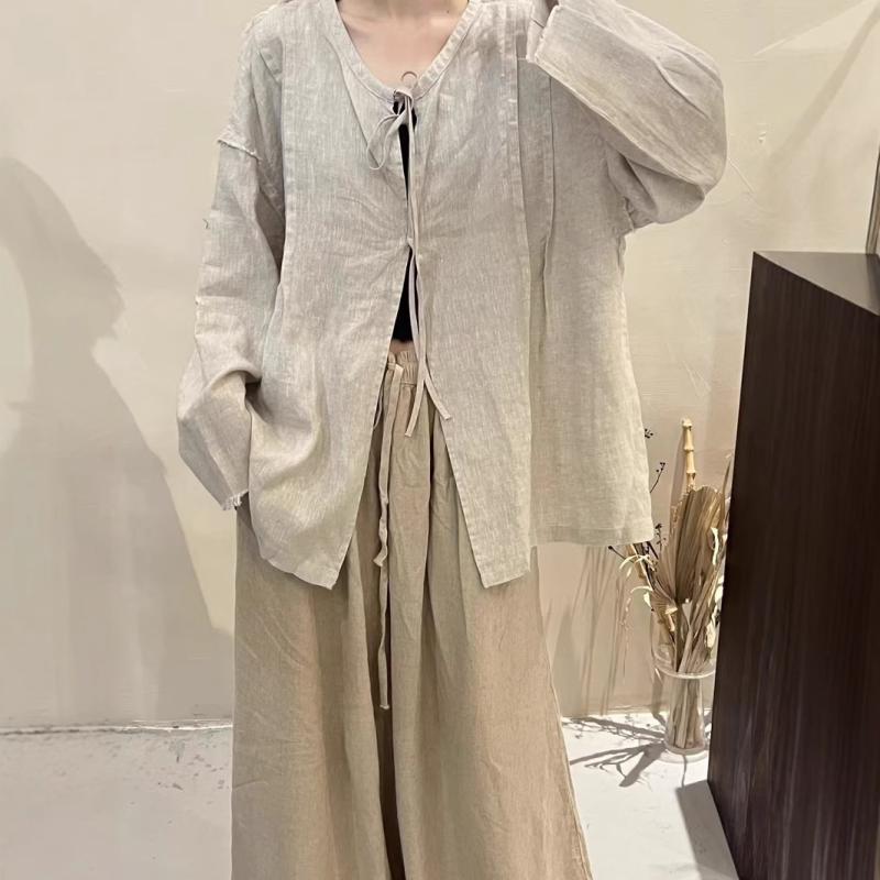 プルオーバー レディース 麻 リネン トップス 薄っぺら Vのど首 ギャザー トップ ジレー ゆったり大きさ 落っこちる肩肉 毛羽立ち 珈琲色 赤 麻色 黒 春夏 読みもの風 レトロ3