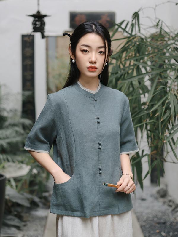ティーシャツ レディース リネン うつり変わり  立襟 七分袖 読みもの風 レトロ トップス M L XL XXL 旧赤いこと 黛緑であること