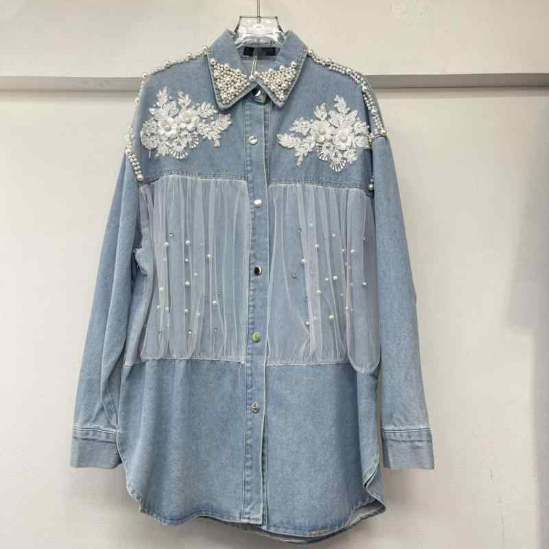 プルオーバー レディース ジーンズ 青碧 M L 長袖 刺・墸 花柄 刺しゅう 当たること冷感 うつり変わり チュール ガーリー 心地よい 自己同一性派