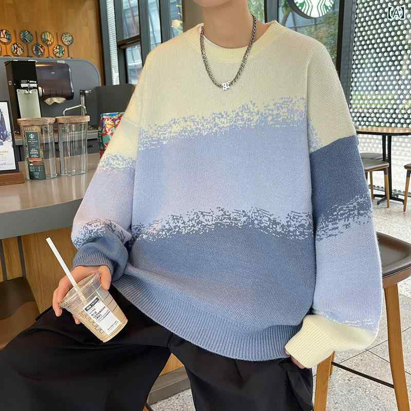 編み物 メンズ グラデーション ラウンドのど首 肋材 裾 ビッグ大いさ ゆったり 朦朦たる 生あたたかい 長袖 成人男性用 成人男性 秋冬 青碧系 緑であること系3