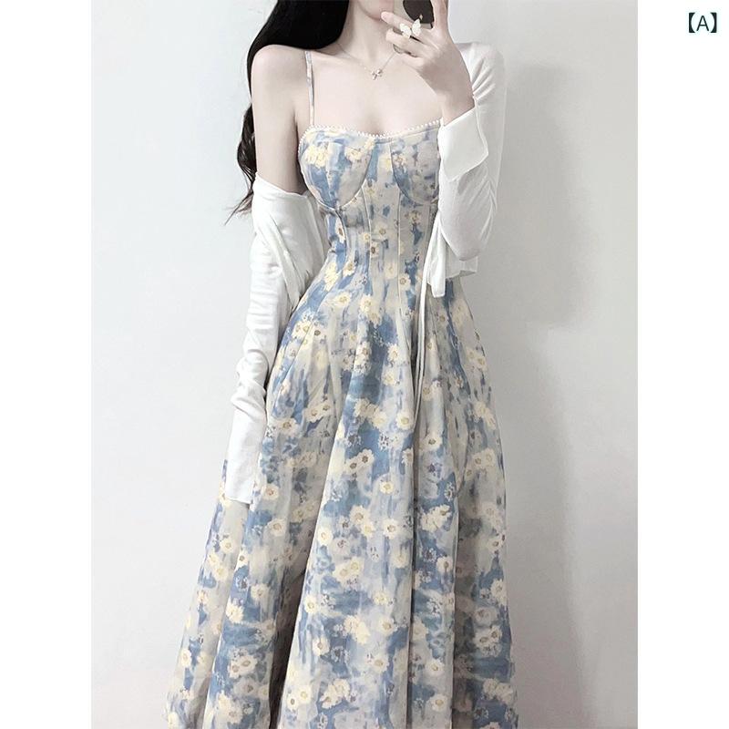 衣装 レディース フレンチ A生産ライン 高腰 油彩風 花柄 キャミソール衣装 TR面料 当たること冷感 ノースリーブ ロング衣装 白 ジレー 2点仕掛ける 読みもの返り咲き 着飾る 愛くるしげ