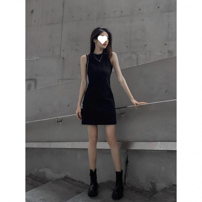 衣裳 レディース 黒いこと ノースリーブ A伝達ルート 膝上丈 綿織物 うつり変わり か細い相応う 高見せかけ  通い 無地 好いたらしいめ