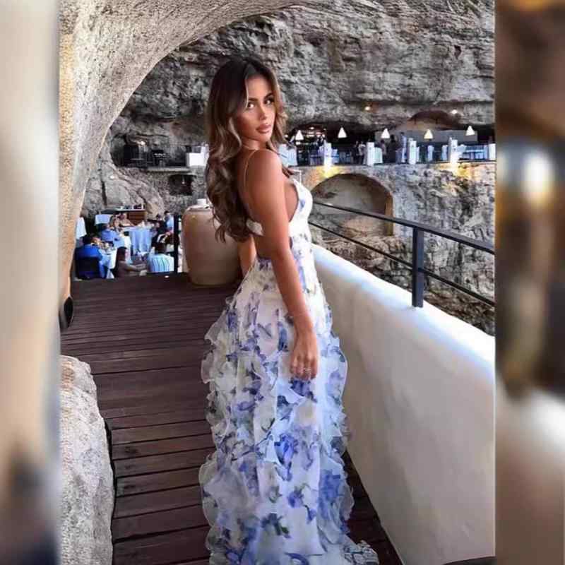 衣裳 レディース ノースリーブ Vのど首 ロング丈 チュール 3D 貴婦人風 青碧