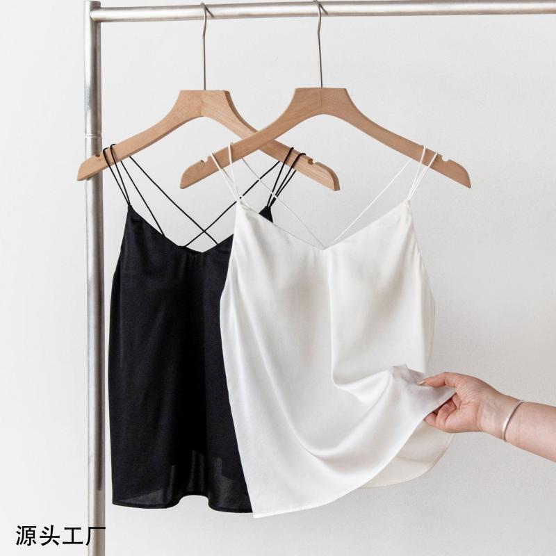 貯蔵タンクいの一番 レディース 春夏 当たること冷感 桑蚕糸  肌付き 吊り下げキャミソール ブラジャーパッド付き添い人 お部屋お召しもの お部屋着 黒 白