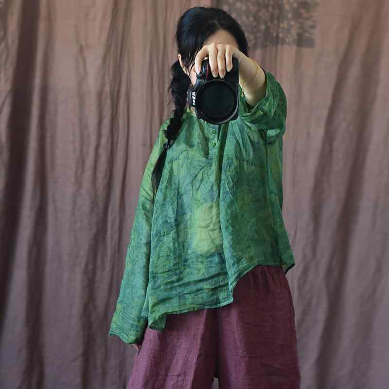 プルオーバー レディース 春夏 ゆったり ?麻 長袖 トップ トップス 読みもの風 幾何学学飾りつけ 刷り上げる 緑 花柄 黄味がかった 花柄3