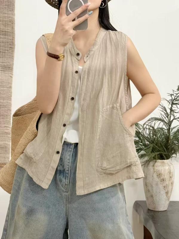 プルオーバー レディース 森お嬢さん系 綿織物 リネン ノースリーブ トップ ゆったり Vのど首 真っただ中丈 トップス 浅青碧 象牙色 オレンジ色 黄色 春夏3
