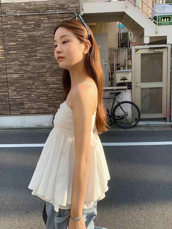 キャミソール レディース 春夏 ノースリーブ トップス 韓国 ギャザー ドレープ 重ね着 カットソー 綿混紡 無地 白いこと 黒いこと ペパーミント緑であること3
