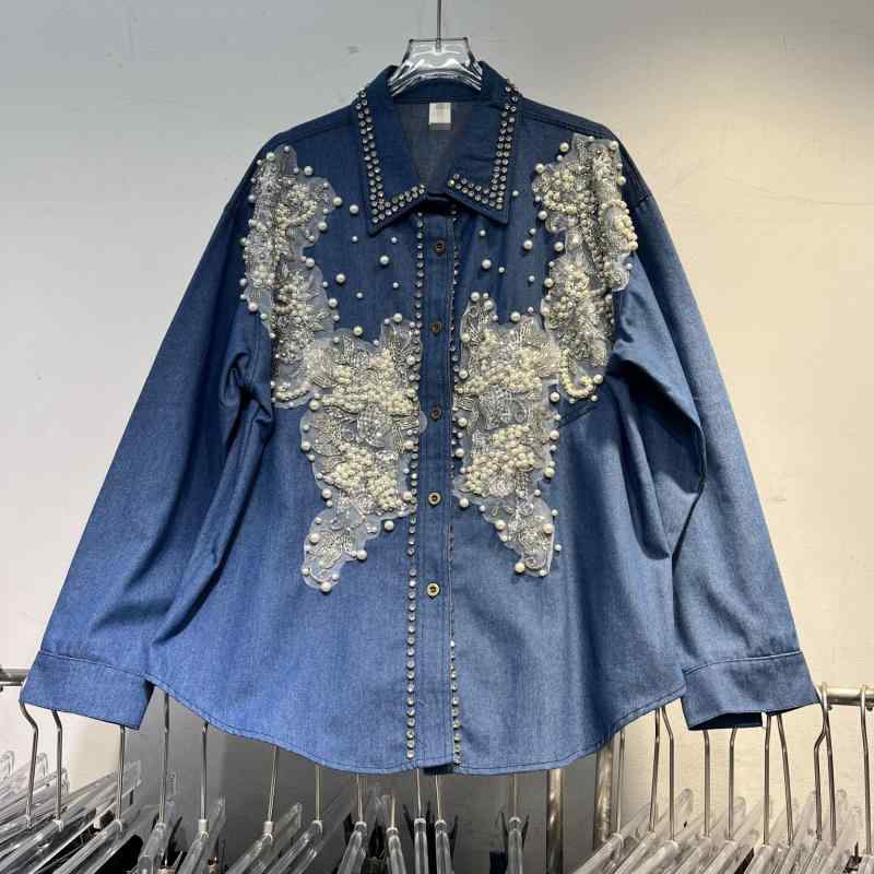 ティーシャツ レディース ジーンズ 2025 春夏 長袖 花柄 刺・墸 釘珠 青碧 M L XL 2XL 3XL 4XL 個人的特徴 表どおり