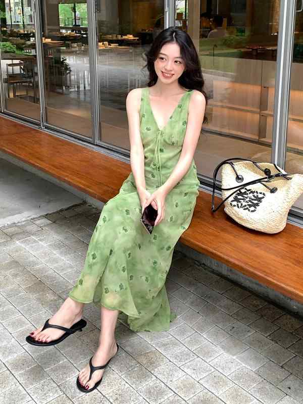 衣裳 レディース 高腰 Vのど首 ノースリーブ 花柄 膝丈 膝下丈 たまり場 好いたらしいめ 愛くるしい ポリエステル 緑であること S M L XL3