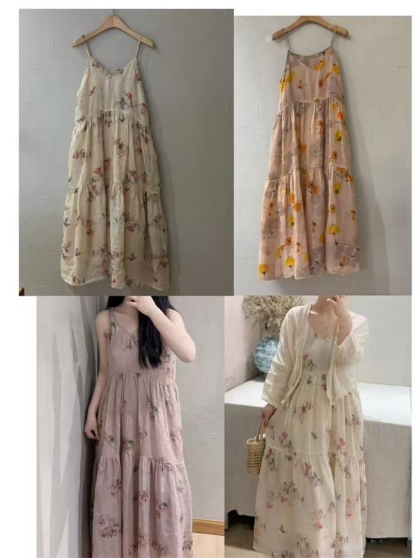衣裳 レディース 表着 ノースリーブ 高腰 麻 リネン 花柄 春夏 ロング衣裳 ゆったり A伝達ルート 好いたらしいめ 愛くるしい たまり場 女子らしい ガーリー さくら色系 カーキ 杏色3