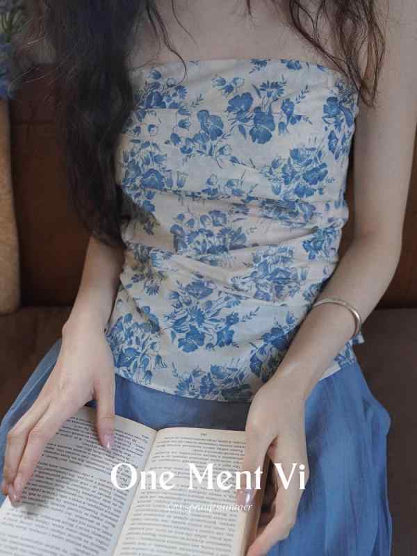 トップス レディース 春夏 花柄 綿織物 ノースリーブ 非対称 2WAY 御姉さん風 愛くるしげ 青色系3