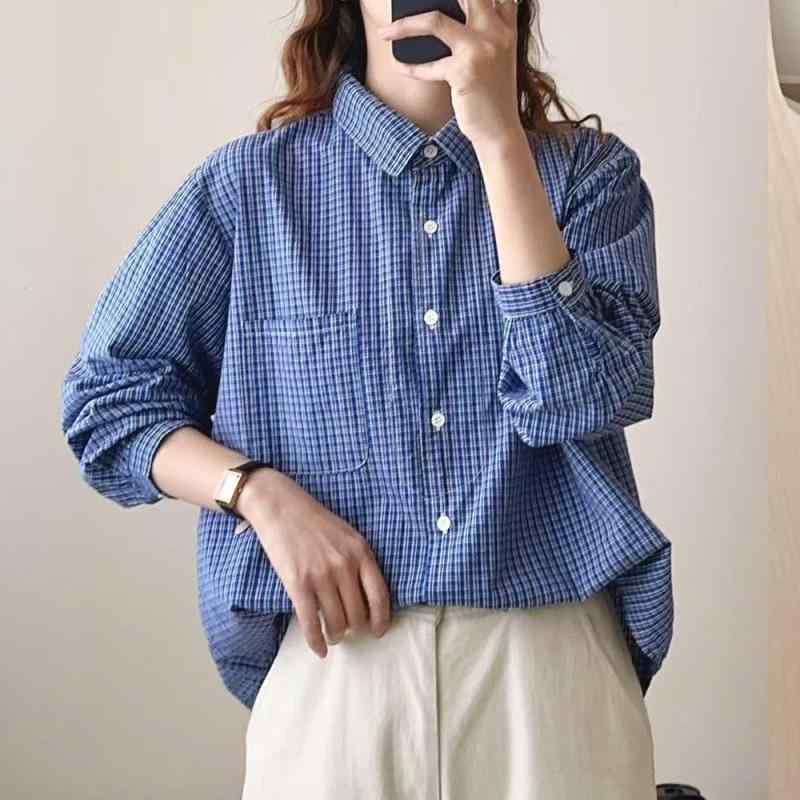 プルオーバー レディース 春夏 照合のしるし柄 綿織物 長袖 襟付き添い人 トップ 韓国 心地よい トップス 普段使い走り お座敷御召しもの 青碧系3