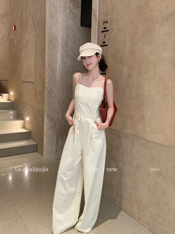 上っ張り レディース 高腰 ワイドレッグ 飛び降りる背広 綿織物 青碧 杏 無袖 薄っぺら 通い風 表現スタイル
