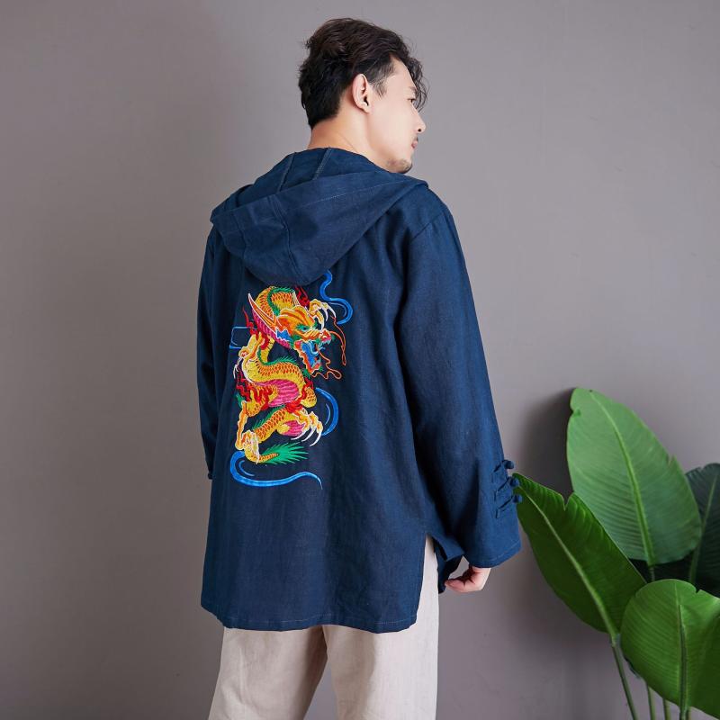 パーカー 成人男性用 秋冬物 瀬戸もの風 刺しゅう 長袖 ジレー ボンネット付き添い人 トップス 薄墨色 黒 青