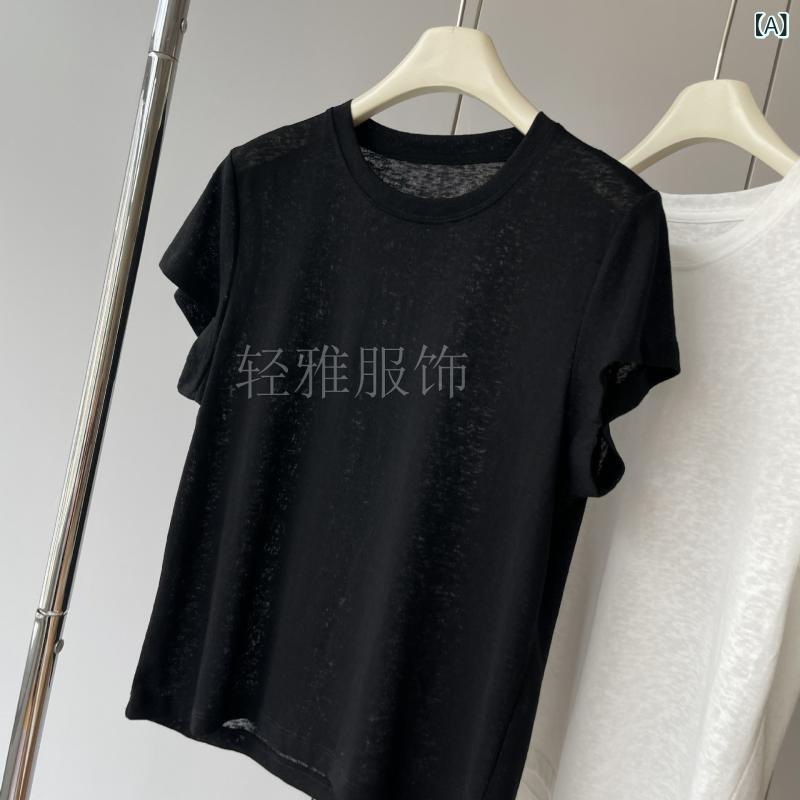 ティーシャツ レディース 麻 リネン ラウンドのど首 無地 薄っぺら 軽さ 通気性 ゆったり か細い 半袖 夏 黒いこと 白いこと3