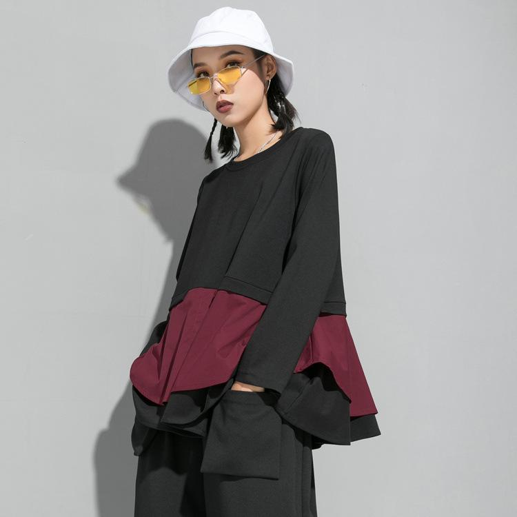 プルオーバー レディース 秋冬 長袖 A生産ライン ゆったり トップス 黒 赤 ぶどう酒赤いこと うつり変わり 裾フラウンス 普段使い走り お部屋着 表どおり3
