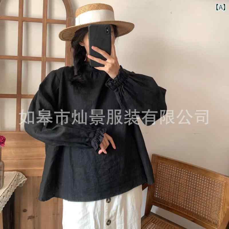 プルオーバー レディース 春夏 リネン 麻 長袖 丸首 襟 リストバンド ギャザー 2WAY 黒いこと 赤いこと ゆったり ?????? 耳あたらしい3