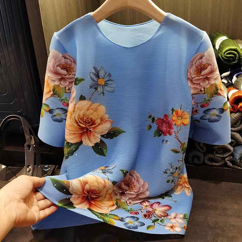 Tシャツ レディース 春夏 半袖 ゆったりサイズ 花柄 ラウンドネック トップス 切り替え 接触冷感 普段使い ブルー系3｜AR企画　店