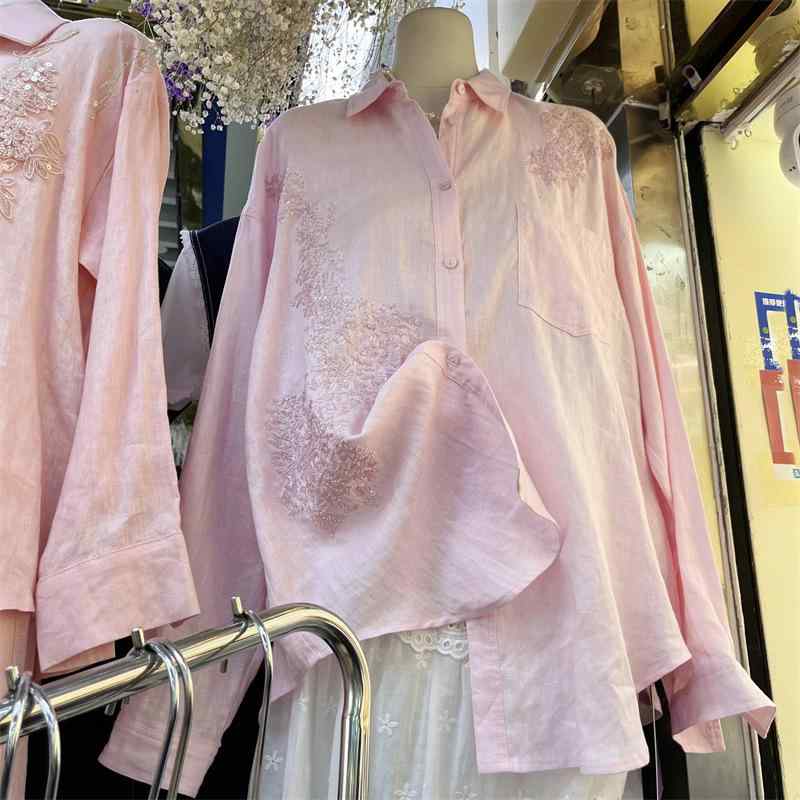 プルオーバー レディース 春夏 長袖 刺・墸 リネン 麻 トップ 襟付き添い人 ゆったり 前くい違い トップス 韓国 表どおり 心地よい 黄色 さくら色系 薄墨色3