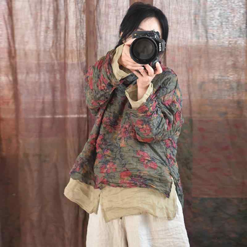 プルオーバー レディース 読みもの返り咲き ?麻 リネン 刷り上げる ゆったり 長袖 表着 黄花 紫花 緑花 黄緑花 伸び伸びする 中国風 トップス 歳月3