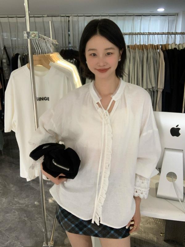 プルオーバー レディース 春 長袖 Vのど首 トップス 韓国 ゆったり 綿織物 心地よい 執務室心地よい 白