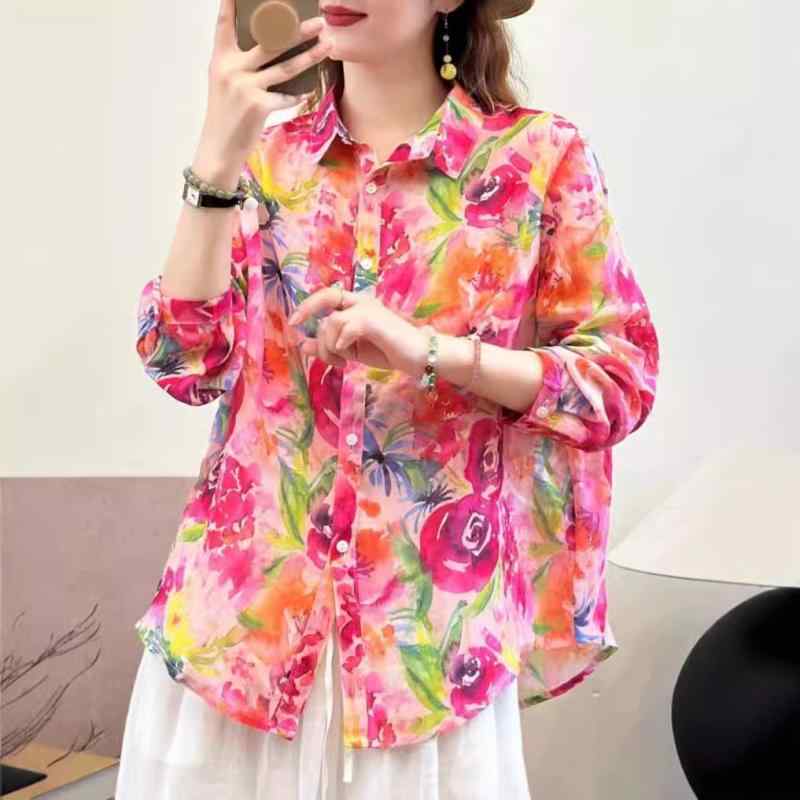 プルオーバー レディース 春夏 ?麻 リネン 長袖 花柄 刷り上げる ゆったり トップス トップ 心地よい 今めかしい 好いたらしい 普段使い走り3