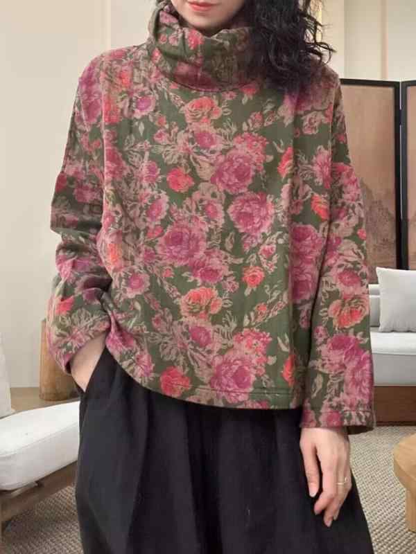 ティーシャツ レディース 綿麻 高襟 長袖 ティーシャツ 秋冬 レトロ 花柄 ゆったり大きさ 大層らしい大きさ3