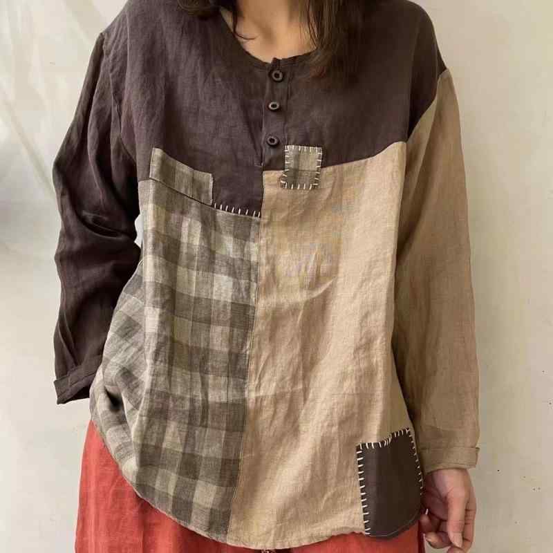 ティーシャツ レディース 麻混紡 ラウンドのど首 長袖 トップス カットソー お上さん服 普段使い走り 心地好い ゆったり 人付き合い冷感 春夏 秋冬 珈琲色3