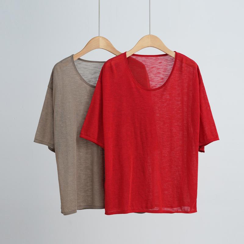 ティーシャツ レディース 麻 リネン 天竺 人付き合い冷感 薄っぺら 五分袖 落っこちる肩先 ゆったり ラウンドのど首 トップス 春夏 普段使い走り 通い 光の都市赤いこと しろがね色薄墨色