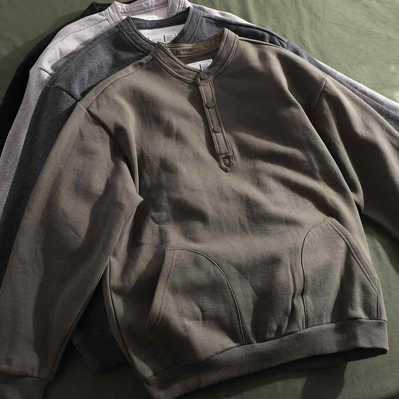 調教師 メンズ 裏起毛 秋冬 美式返り咲き ヘンリーのど首 ゆったり あったか トップス カットソー 長袖 綿織物 綿 混紡 お部屋着 普段使い走り アーミーグリーン うす暗い薄墨色 黒いこと 点火装置薄墨色3