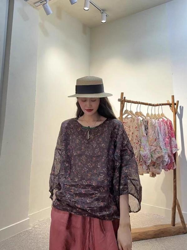 プルオーバー レディース 春夏 上衣 ?麻 リネン 花柄 ラウンドのど首 提灯捩り ゆったり 読みもの風 レトロ カットソー トップス3