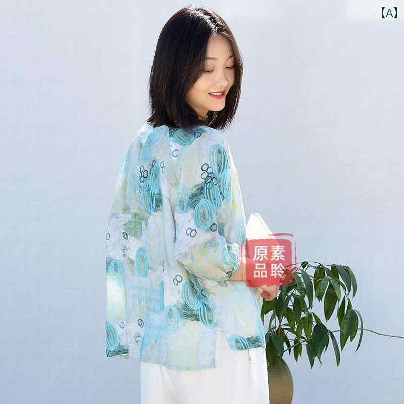 Tシャツ レディース 国風 復古 ?麻 麻 リネン Vネック 花柄 七分袖 前短後長 ゆったり3｜AR企画　店