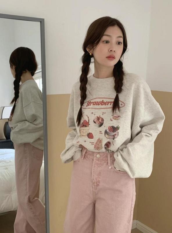 ティーシャツ レディース 春物 韓国 ゆったり 長袖 トップス カットソー ラウンドのど首 心地よい 愛くるしい 綿織物 刷り上げる 薄墨色 オートミール3