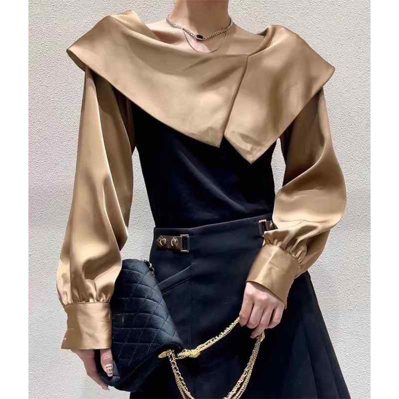 プルオーバー レディース 長袖 大波襟 目あたらしい 甘め 姫系 黒いこと カーキ S M L XL 2XL 撞色 フラウンス