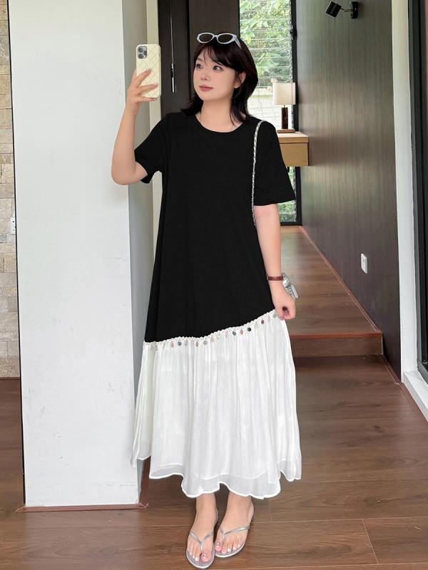 衣装 レディース 気が大きい大きさ ゆったり A生産ライン 膝下丈 半袖 うつり変わり 上衣 綿織物 伸び伸びする 普段使い走り 黒いこと 薄墨色系3