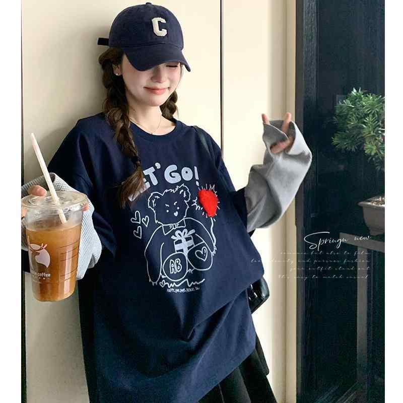 プルオーバー レディース 春物 韓国 心地よい トップス 長袖 ゆったり 刷り上げる カットソー 深藍色 S M L XL 通い 愛くるしげ 普段使い走り ポリエステル