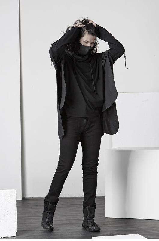 Tシャツ 男性用 大きいサイズ 黒 ドルマンスリーブ フード付き ポンチョ 個性的 ナイトクラブ ステージ衣装 ゴシック モード系 フェイクレイヤード 麻混紡 ストライプ柄 ルーズフィット3|AR企画 店