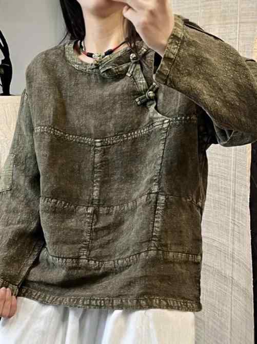 プルオーバー レディース 春物 曲がった襟 盤扣 レトロ 麻 リネン ゆったり大きさ 無地 長袖 トップス3