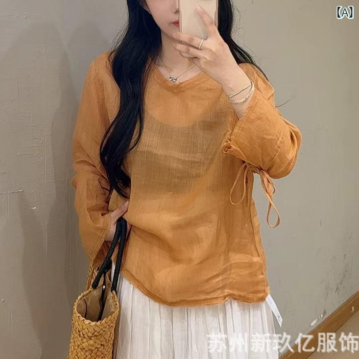 プルオーバー レディース 春夏 ゆったり ?麻 リネン 混紡 ラウンドのど首 提灯捩り 無地 トップス カットソー 読みもの風 自然的3
