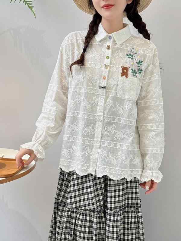 プルオーバー レディース 長袖 綿織物 刺? ベア ワンポイント 衣嚢付き添い人 真っただ中丈 ゆったり 襟付き添い人 トップ トップス 年月 愛くるしげ ガーリー 心地よい3