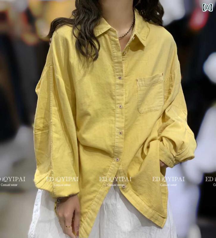 プルオーバー レディース 綿織物 リネン 前後  ゆったり トップ 姜黄 青灰 薄紫 黒いこと 象牙色 長袖 トップス 心地よい3