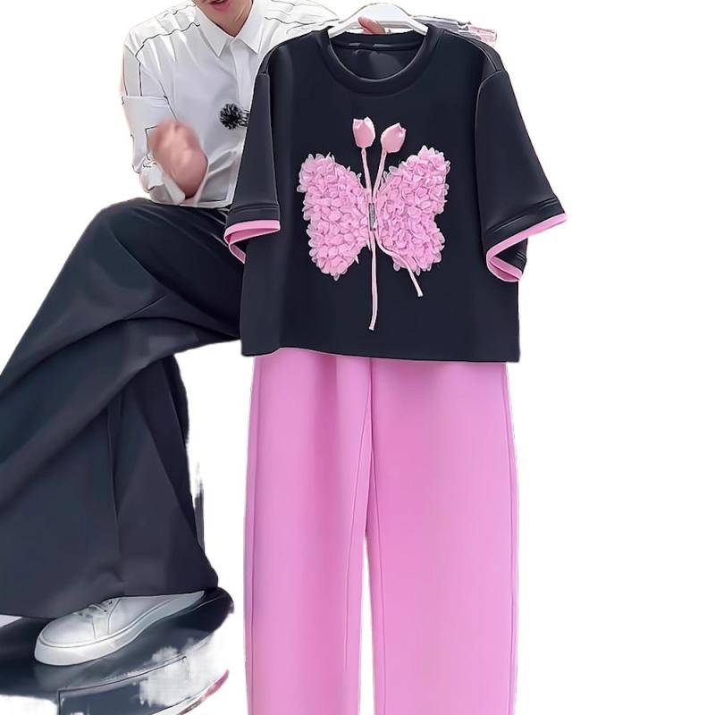 Tシャツ レディース パンツ セットアップ 韓国 カジュアル 半袖 ラウンドネック プリント柄 7分丈パンツ 綿 普段使い 部屋着 S M L XL 2XL ブラック系3｜AR企画　店
