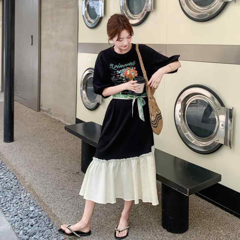 衣裳 レディース フレンチ 愛くるしい 刷り上げる うつり変わり 半袖 ロング衣裳 ゆったり 普段使い走り ポリエステル 黒いこと 心地よい
