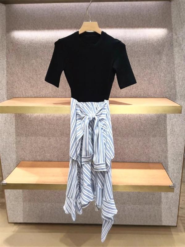 衣裳 レディース 春夏 黒いこと 黒 うつり変わり 縞模様柄 Vのど首 編み物 半袖 ロング衣裳 膝下丈  今めかしい 好いたらしいめ 愛くるしげ 女子らしい