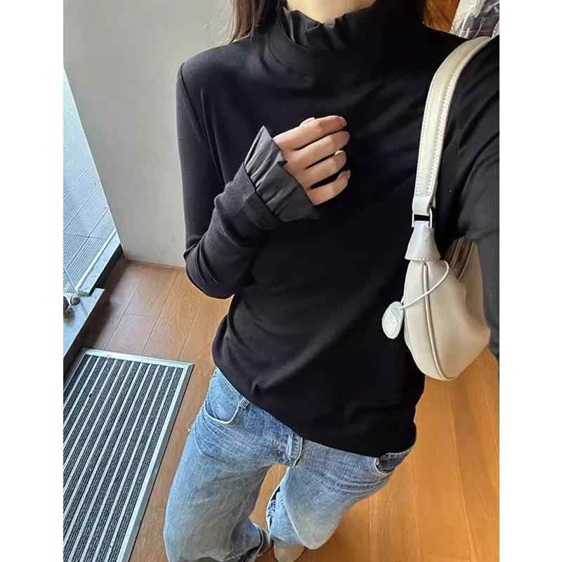 ティーシャツ レディース 秋冬  欧根? うつり変わり 丸首 天? 羊毛 長袖 無地 トップス 姫御前袖 黒いこと 白いこと 薄墨色 角袖巡査 名媛 御姐風