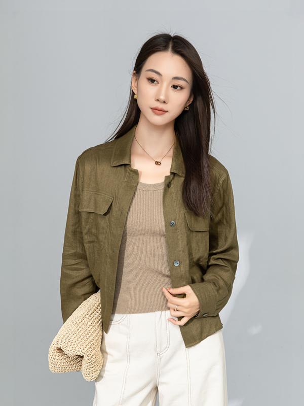 プルオーバー レディース 春夏 ポロ襟 リネン 麻 長袖 ジレー 上衣 ゆったり オリーブ緑であること 読みもの風 レトロ ウォッシュ産業