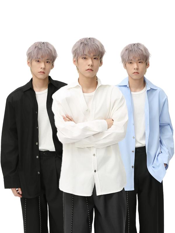 シャツ メンズ 男性用 韓国 開襟シャツ 長袖 無地 ゆったり 羽織り トップス 普段使い カジュアル ポリエステル ホワイト ブラック ブルー｜AR企画　店