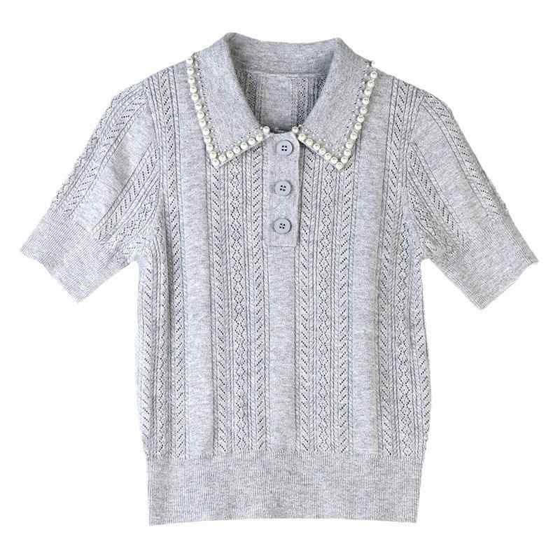 編み物 レディース 春夏 半袖 POLOのど首 薄っぺら トップス 当たること冷感 毛糸混 上衣 3分袖 カットソー 今めかしい 好いたらしいめ 薄墨色