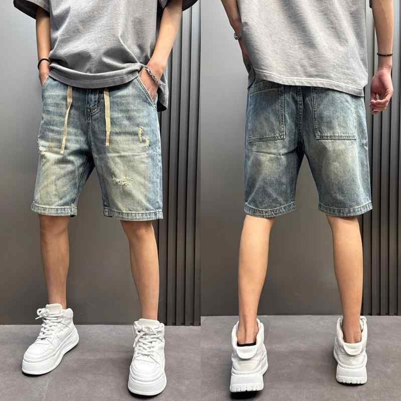 ジーンズ メンズ 二分の一ズボン下 不都合産業 ウォッシュド産業 5分丈 引っ切り無い  青色