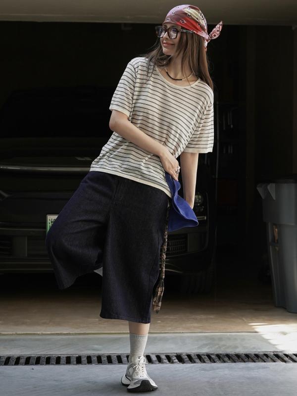 編み物 レディース 五分袖 人付き合い冷感 人付き合い涼感 薄っぺら 条? トップス 夏編み物 杏色 黒いこと系 ゆったり ラウンドのど首 心地好い リネン風